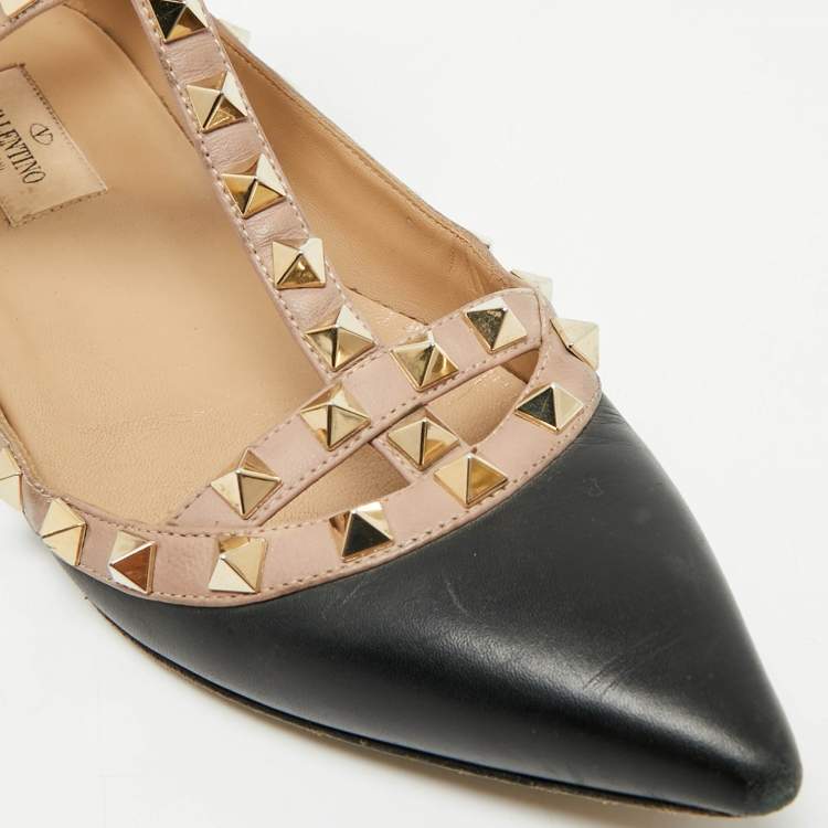 Pre Owned Valentino Black/Beige Leather Rockstud Ballet Flats Size 39.5