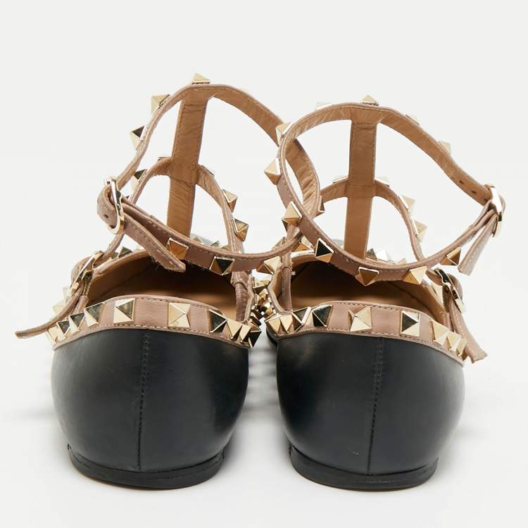 Pre Owned Valentino Black/Beige Leather Rockstud Ballet Flats Size 39.5