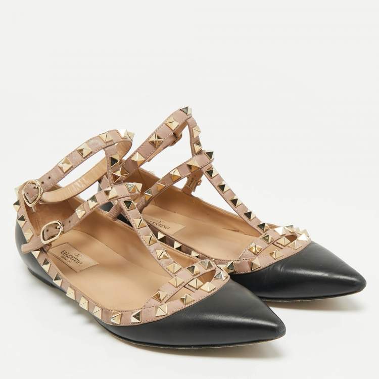 Pre Owned Valentino Black/Beige Leather Rockstud Ballet Flats Size 39.5