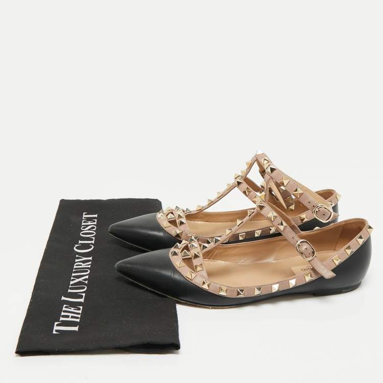 Pre Owned Valentino Black/Beige Leather Rockstud Ballet Flats Size 39.5