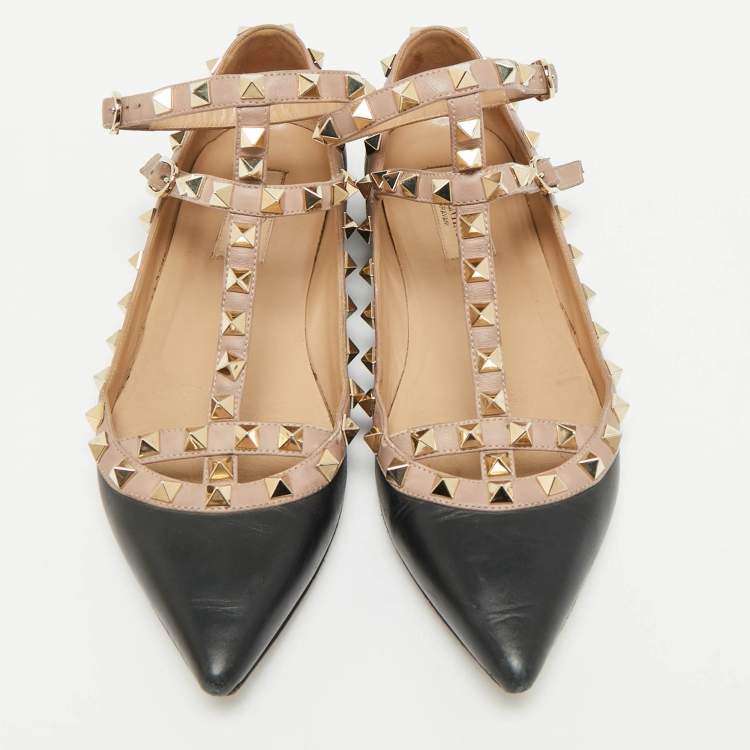 Pre Owned Valentino Black/Beige Leather Rockstud Ballet Flats Size 39.5