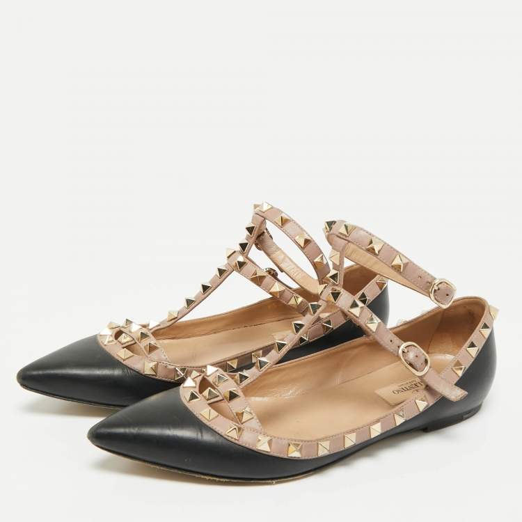 Pre Owned Valentino Black/Beige Leather Rockstud Ballet Flats Size 39.5