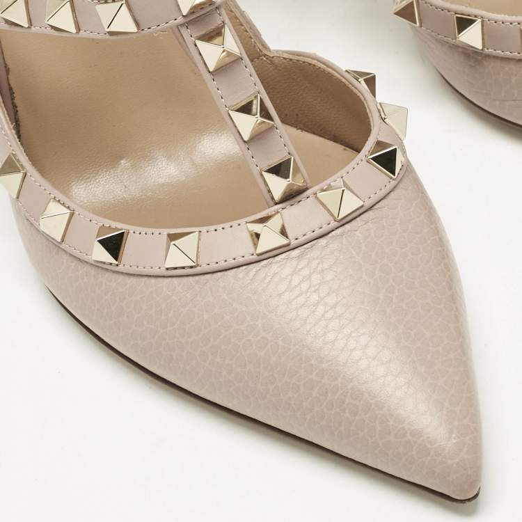 Pre Owned Valentino Beige  Leather Rockstud Ankle Strap Pumps Size 39.5