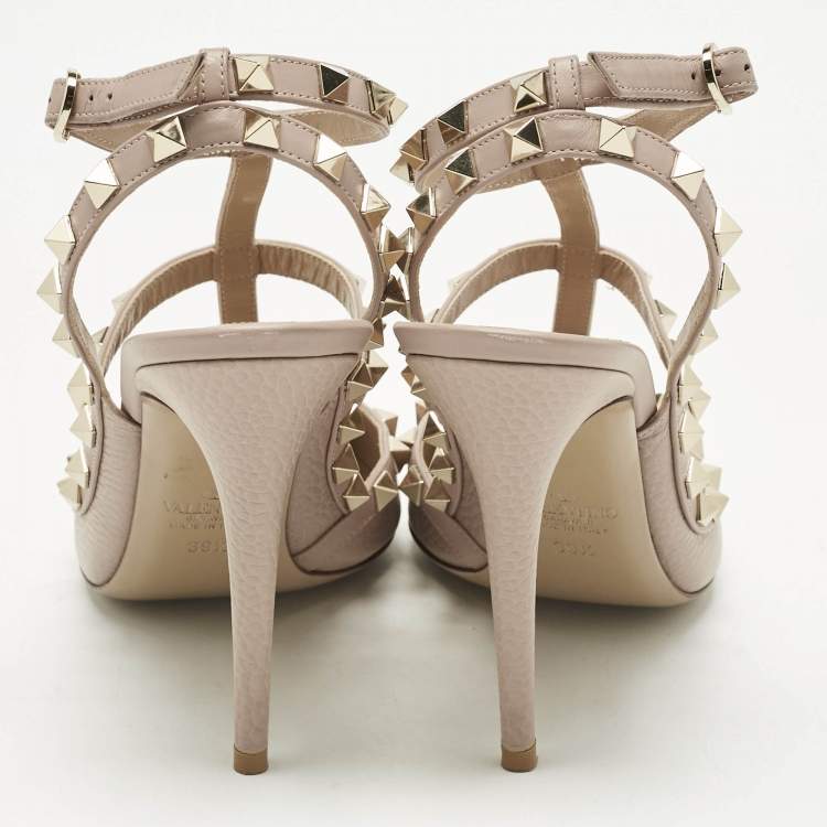 Pre Owned Valentino Beige  Leather Rockstud Ankle Strap Pumps Size 39.5