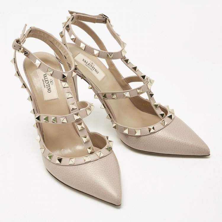 Pre Owned Valentino Beige  Leather Rockstud Ankle Strap Pumps Size 39.5