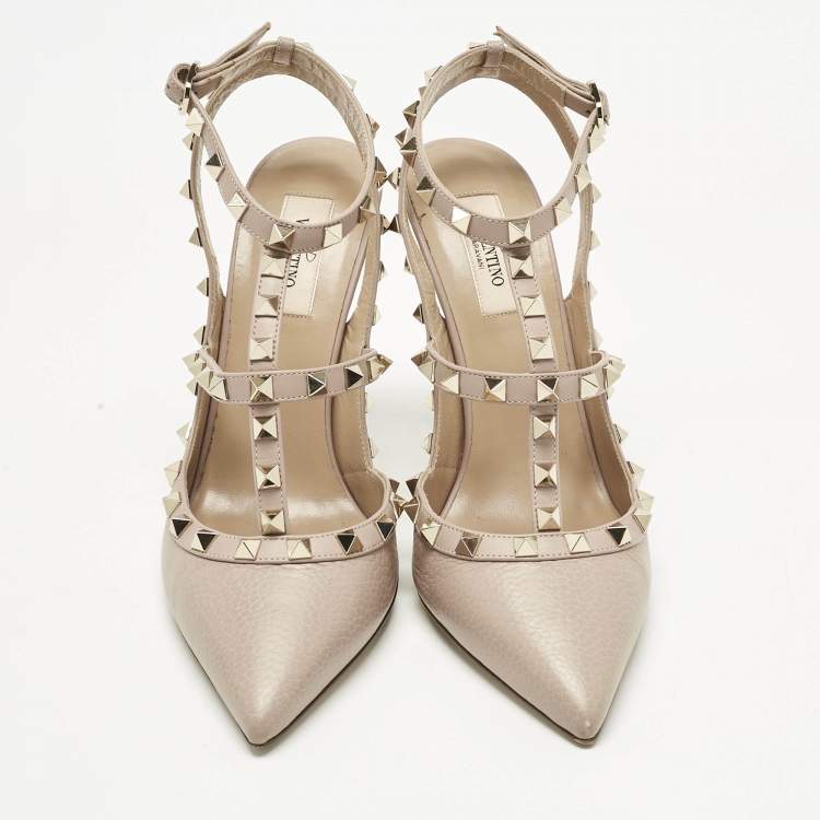 Pre Owned Valentino Beige  Leather Rockstud Ankle Strap Pumps Size 39.5