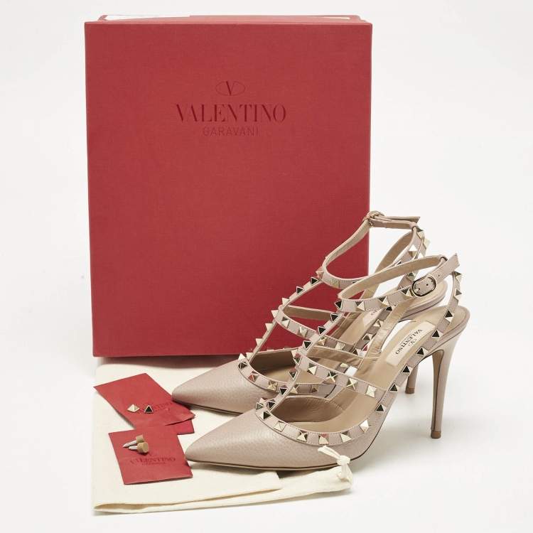 Pre Owned Valentino Beige  Leather Rockstud Ankle Strap Pumps Size 39.5