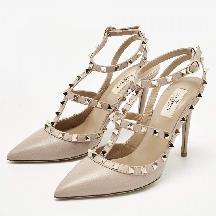 Pre Owned Valentino Beige  Leather Rockstud Ankle Strap Pumps Size 39.5