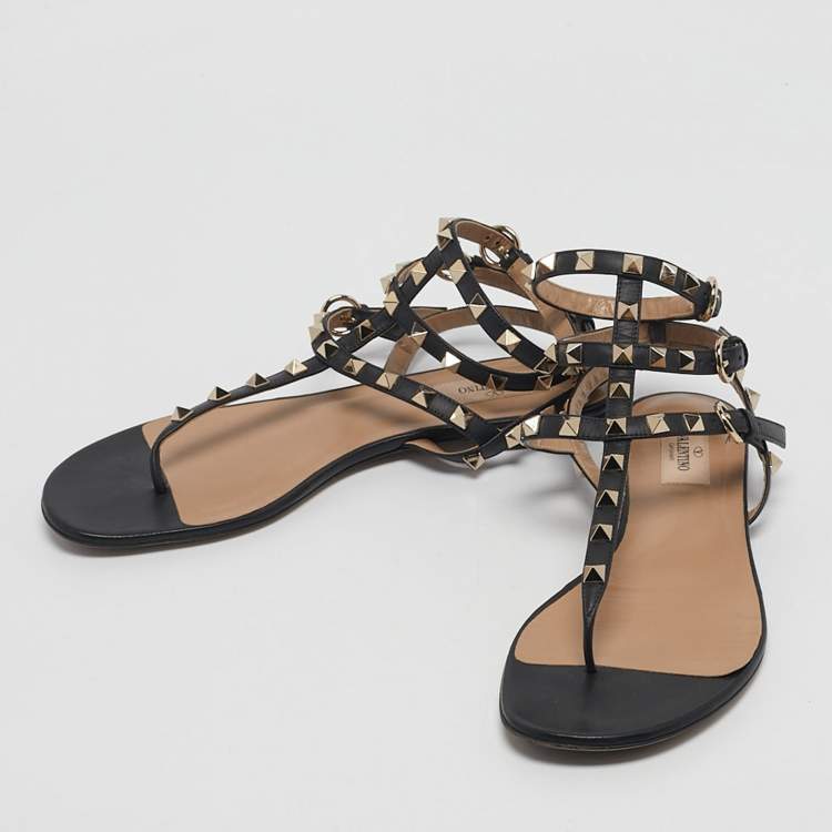 Pre Owned Valentino Black Leather Rockstud Cage Flat Sandals Size 39
