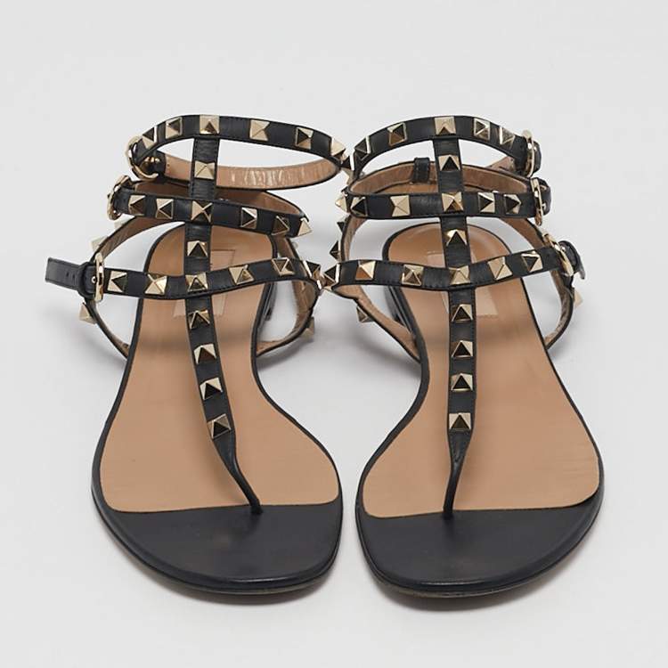 Pre Owned Valentino Black Leather Rockstud Cage Flat Sandals Size 39