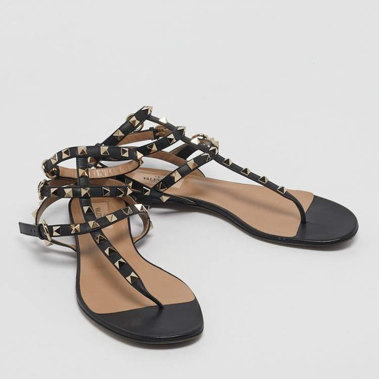 Pre Owned Valentino Black Leather Rockstud Cage Flat Sandals Size 39
