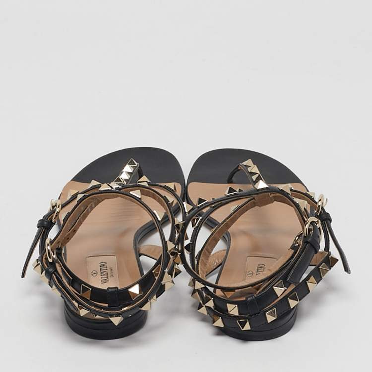 Pre Owned Valentino Black Leather Rockstud Cage Flat Sandals Size 39