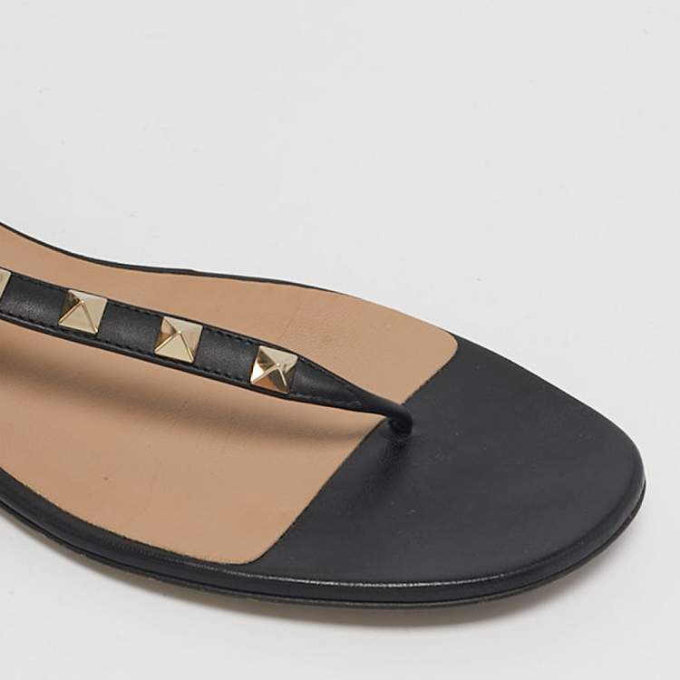 Pre Owned Valentino Black Leather Rockstud Cage Flat Sandals Size 39