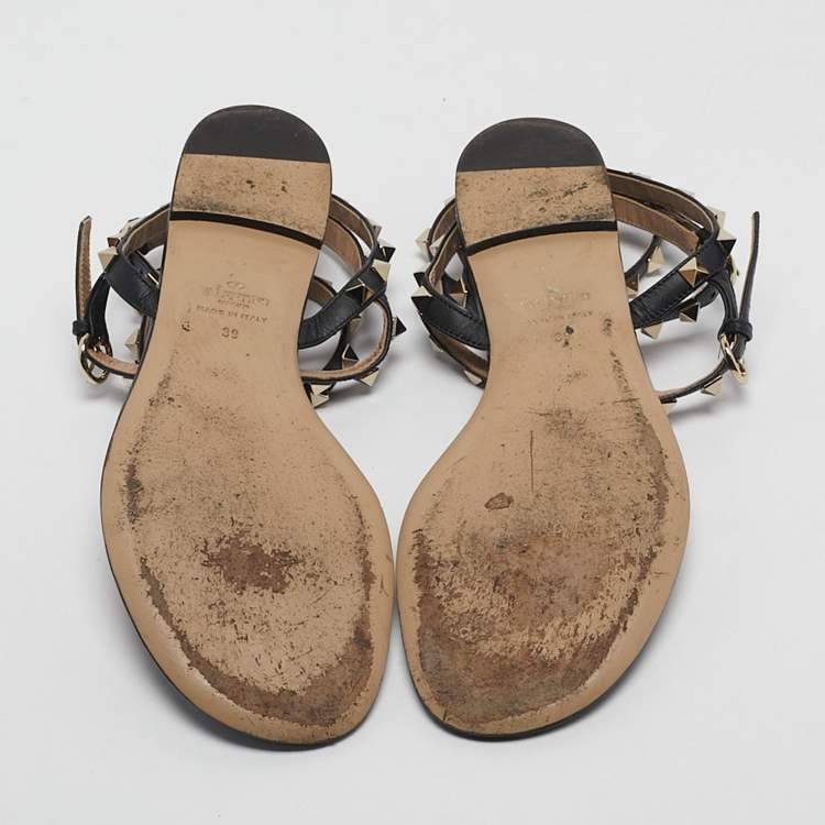 Pre Owned Valentino Black Leather Rockstud Cage Flat Sandals Size 39
