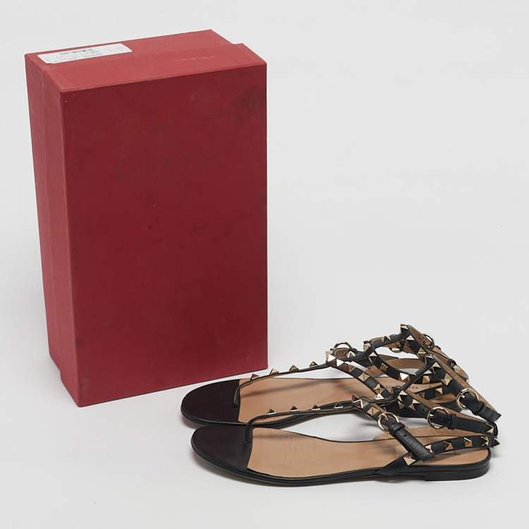 Pre Owned Valentino Black Leather Rockstud Cage Flat Sandals Size 39