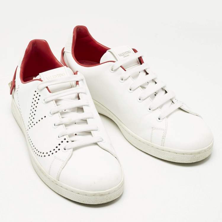 Pre Owned Valentino White Perforated Leather Backnet Rockstud Low Top Sneakers Size 38