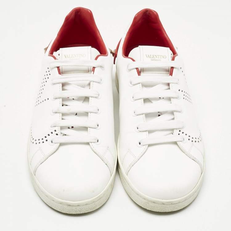 Pre Owned Valentino White Perforated Leather Backnet Rockstud Low Top Sneakers Size 38