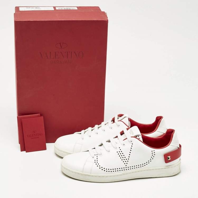 Pre Owned Valentino White Perforated Leather Backnet Rockstud Low Top Sneakers Size 38