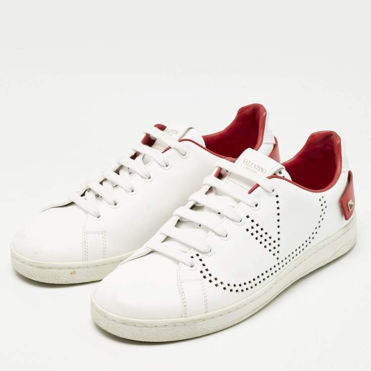Pre Owned Valentino White Perforated Leather Backnet Rockstud Low Top Sneakers Size 38