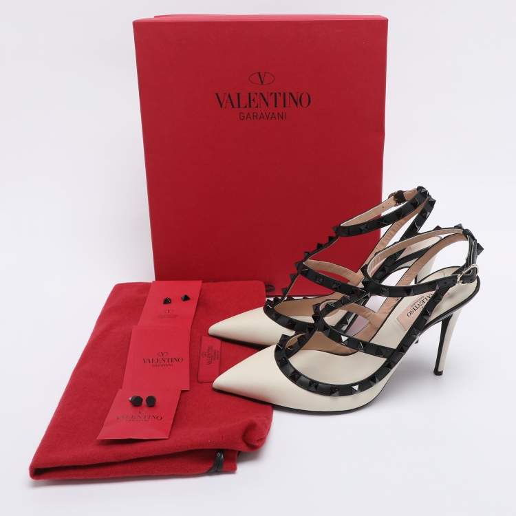 Pre Owned Valentino Off White/Black Leather Rockstud Ankle Strap Pumps Size 38