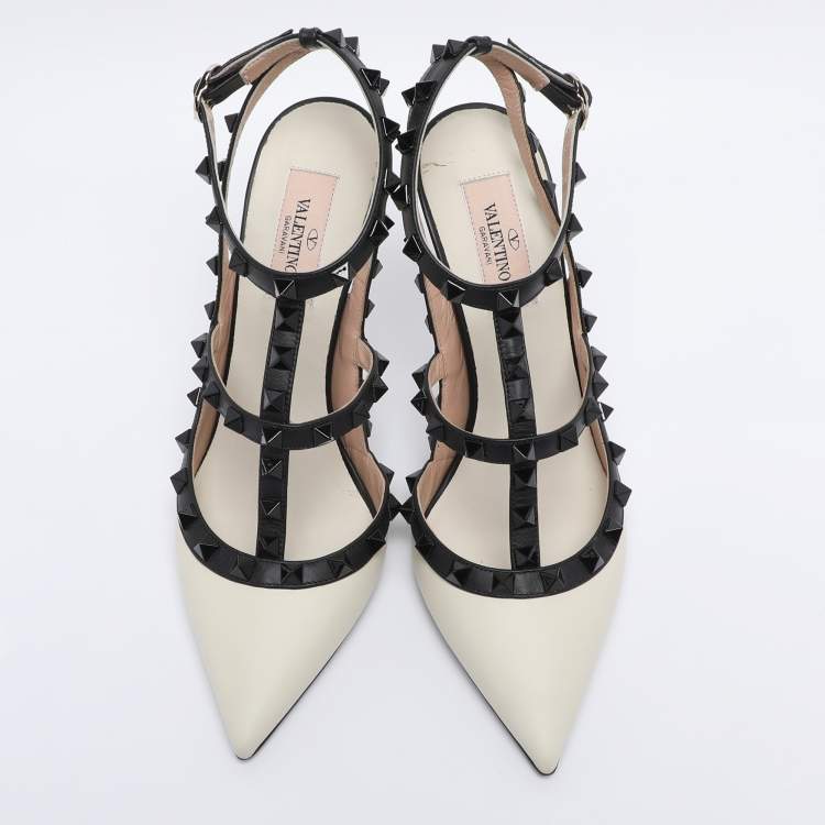 Pre Owned Valentino Off White/Black Leather Rockstud Ankle Strap Pumps Size 38