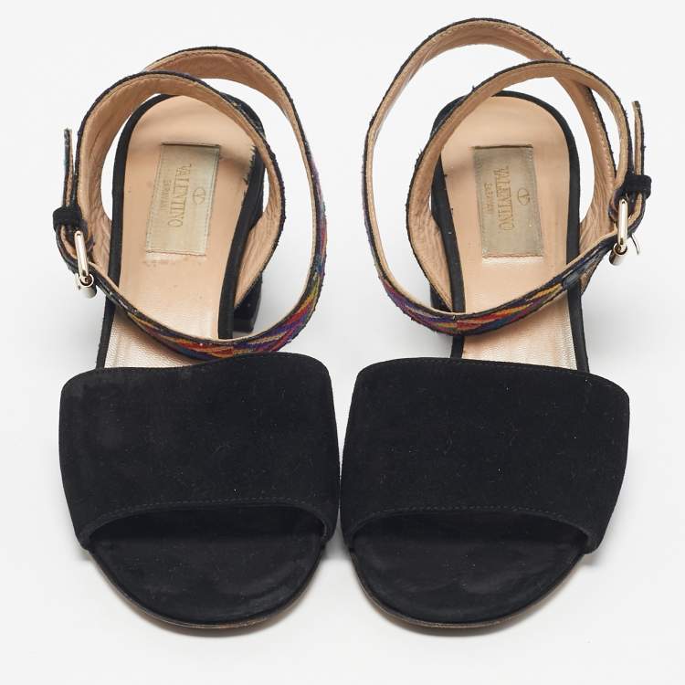 Pre Owned Valentino Black Suede Multicolor Ankle Strap Sandals Size 35.5