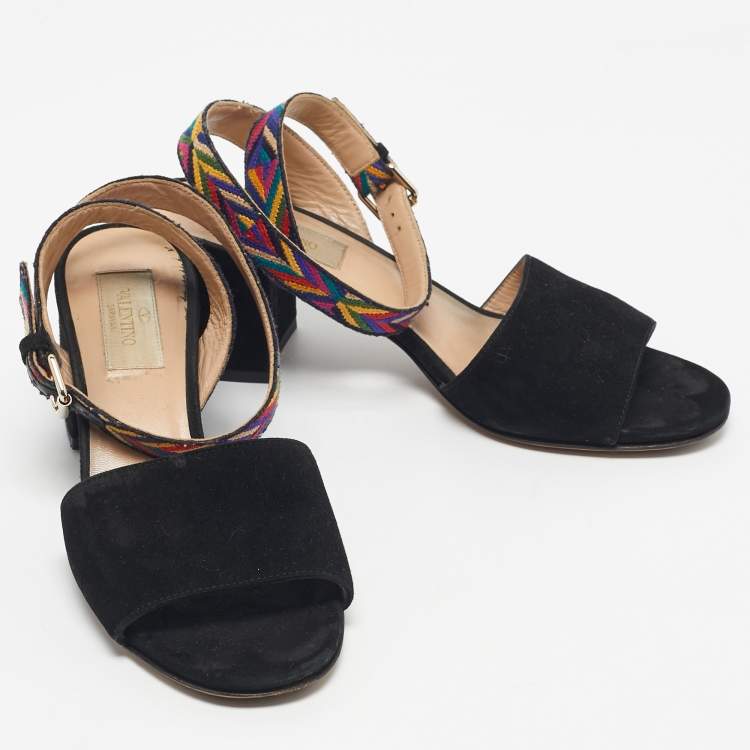Pre Owned Valentino Black Suede Multicolor Ankle Strap Sandals Size 35.5