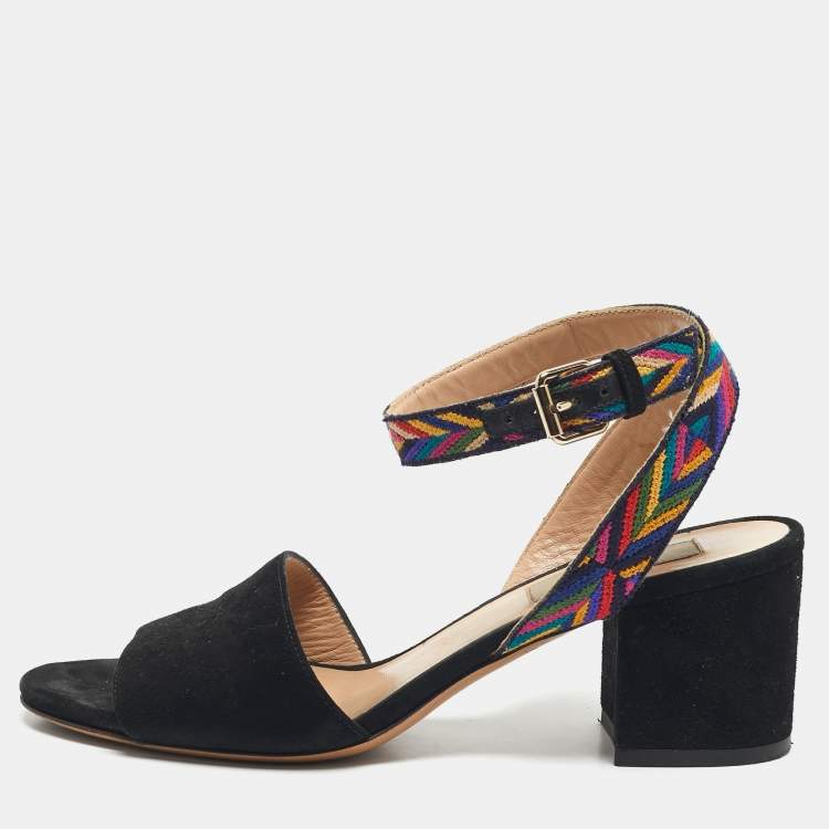 Pre Owned Valentino Black Suede Multicolor Ankle Strap Sandals Size 35.5