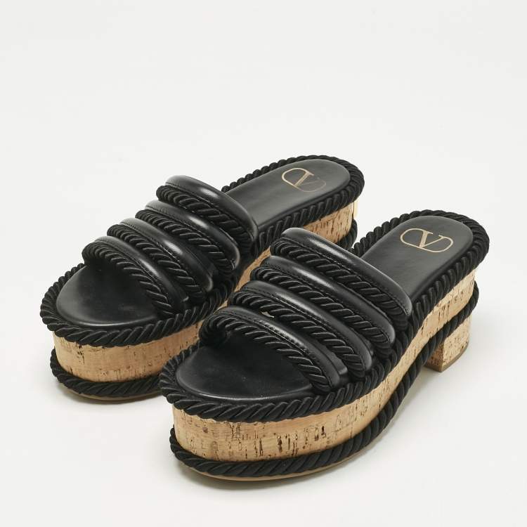 Pre Owned Valentino Black Leather VLogo Cork Platform Sandals Size 37