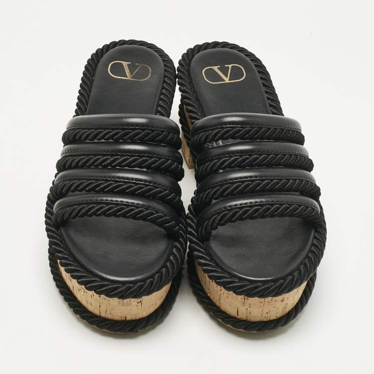 Pre Owned Valentino Black Leather VLogo Cork Platform Sandals Size 37