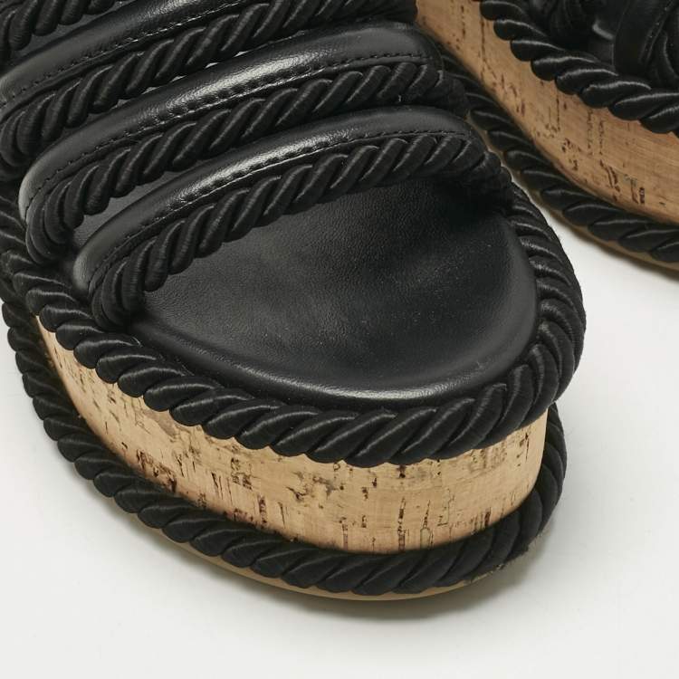 Pre Owned Valentino Black Leather VLogo Cork Platform Sandals Size 37