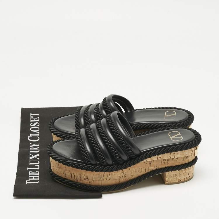 Pre Owned Valentino Black Leather VLogo Cork Platform Sandals Size 37