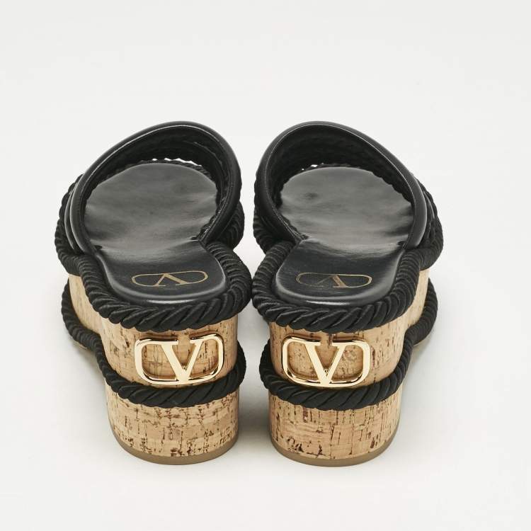 Pre Owned Valentino Black Leather VLogo Cork Platform Sandals Size 37