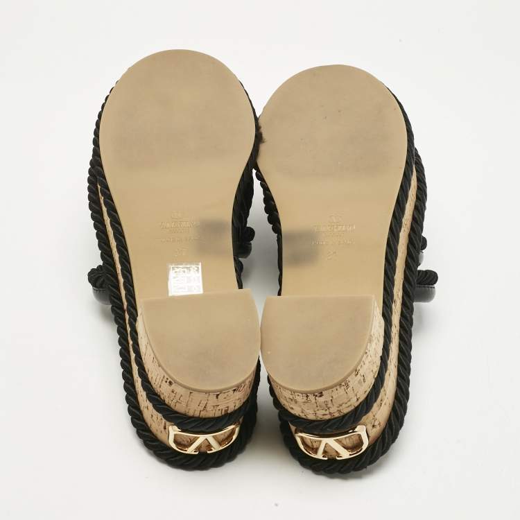 Pre Owned Valentino Black Leather VLogo Cork Platform Sandals Size 37