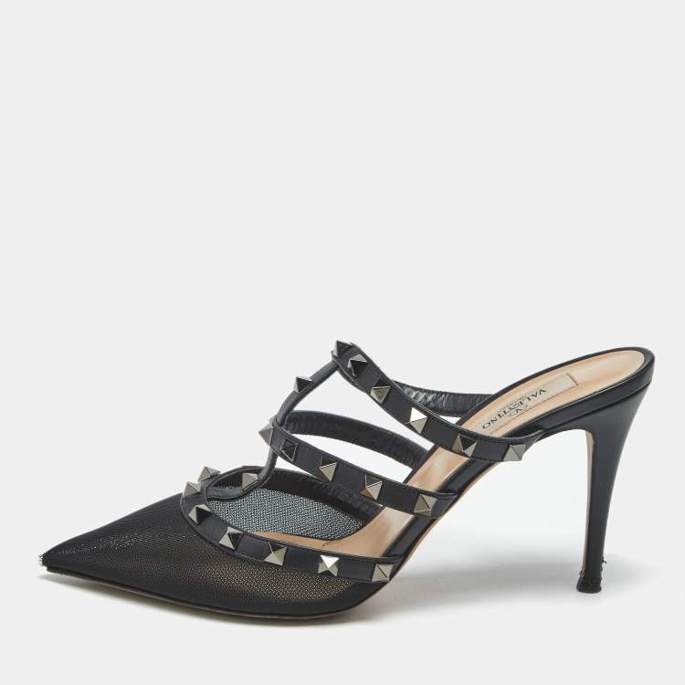 Pre Owned Valentino Black Leather and Mesh Rockstud Heel Mules Size 39