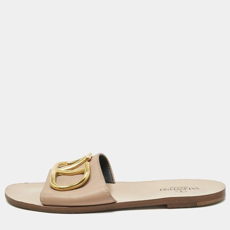 Pre Owned Valentino Beige Leather Vlogo Signature Flat Slide Sandals Size 37