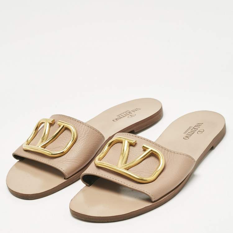 Pre Owned Valentino Beige Leather Vlogo Signature Flat Slide Sandals Size 37