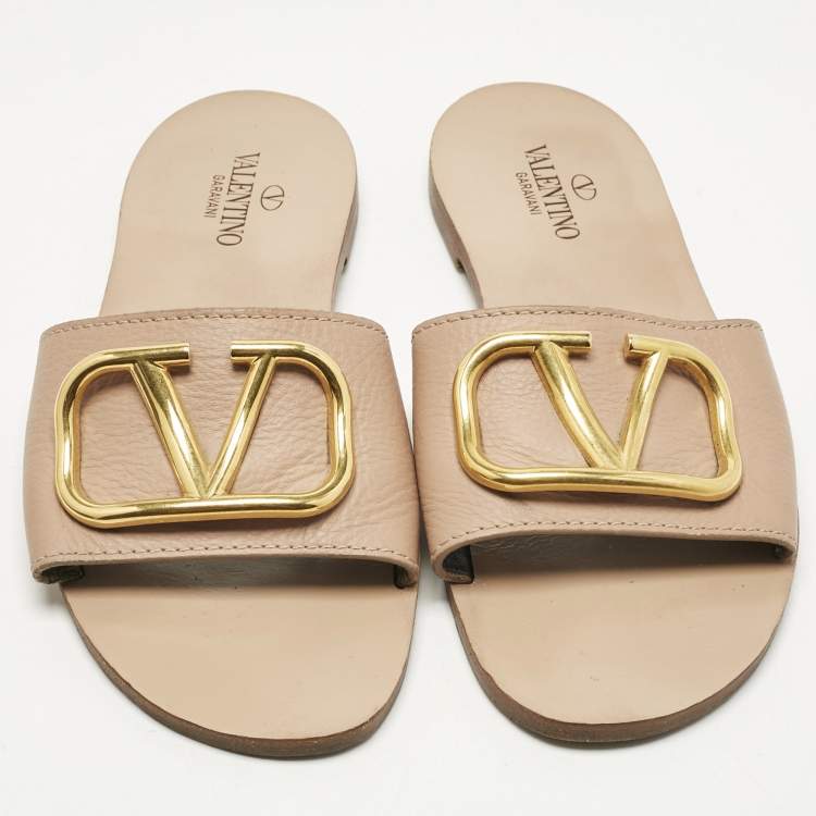 Pre Owned Valentino Beige Leather Vlogo Signature Flat Slide Sandals Size 37