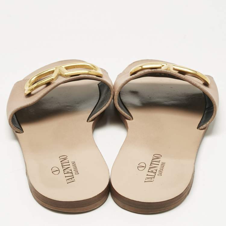 Pre Owned Valentino Beige Leather Vlogo Signature Flat Slide Sandals Size 37