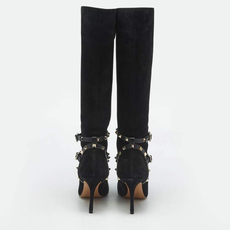Pre Owned Valentino Black Suede and Leather Rockstud Knee Length Boots Size 37.5