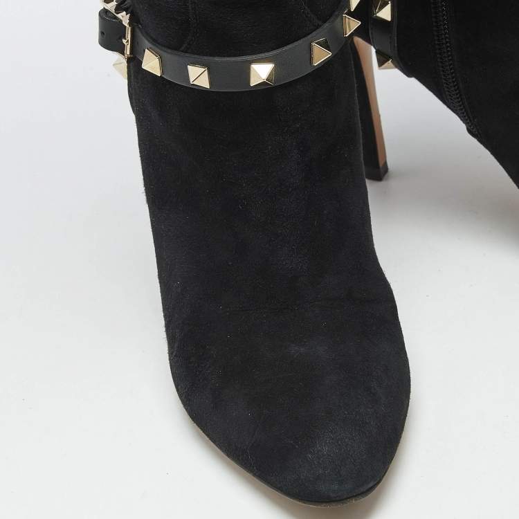 Pre Owned Valentino Black Suede and Leather Rockstud Knee Length Boots Size 37.5