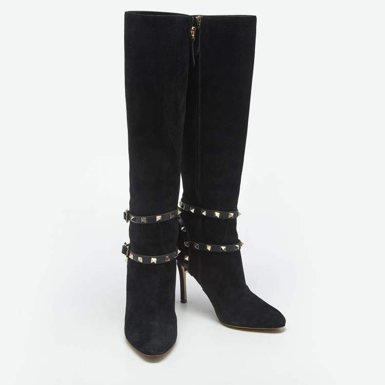 Pre Owned Valentino Black Suede and Leather Rockstud Knee Length Boots Size 37.5