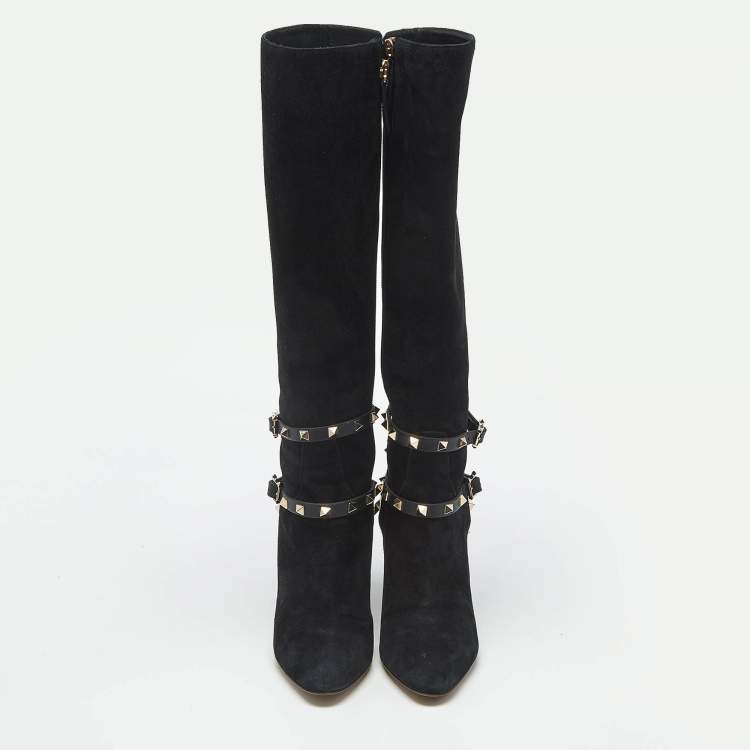 Pre Owned Valentino Black Suede and Leather Rockstud Knee Length Boots Size 37.5