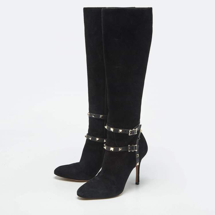Pre Owned Valentino Black Suede and Leather Rockstud Knee Length Boots Size 37.5