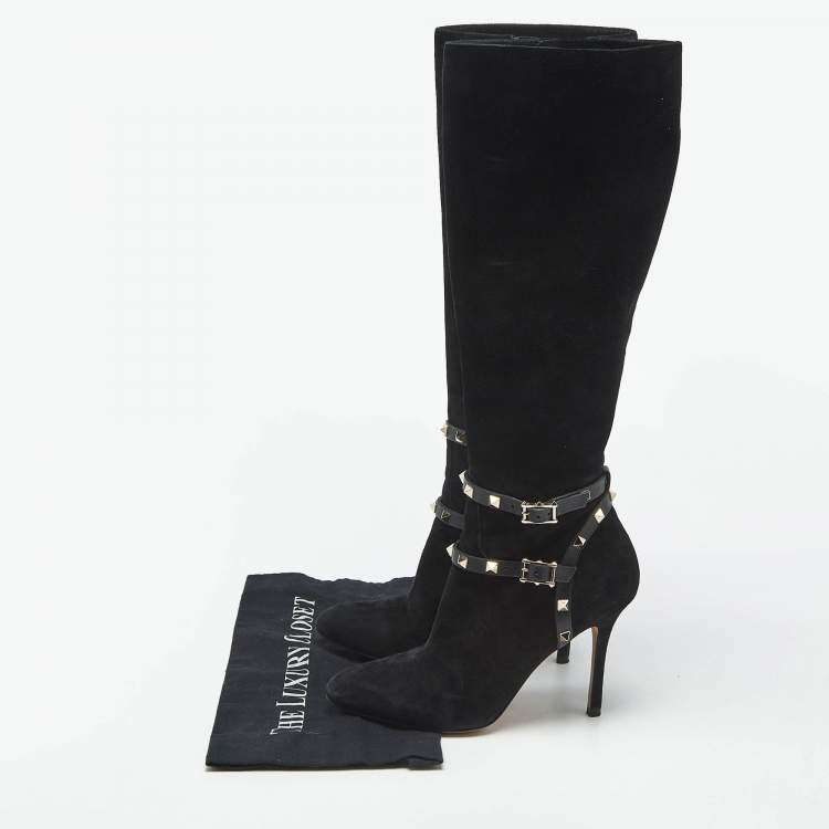 Pre Owned Valentino Black Suede and Leather Rockstud Knee Length Boots Size 37.5