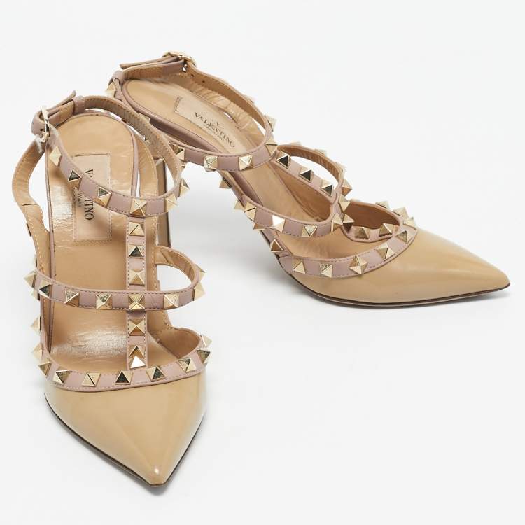 Pre Owned Valentino Beige Patent Leather Rockstud Ankle Strap Pumps Size 36