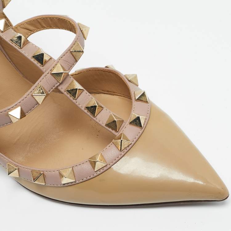 Pre Owned Valentino Beige Patent Leather Rockstud Ankle Strap Pumps Size 36