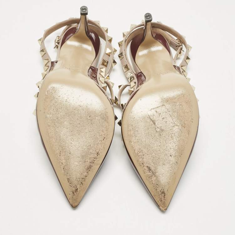 Pre Owned Valentino Burgundy/Beige Patent Leather Rockstud Ankle Strap Pumps Size 39