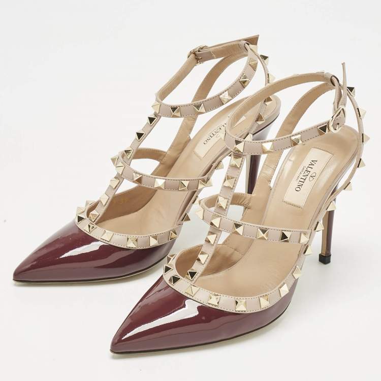 Pre Owned Valentino Burgundy/Beige Patent Leather Rockstud Ankle Strap Pumps Size 39