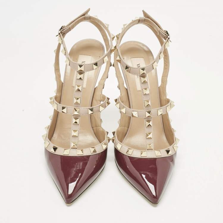 Pre Owned Valentino Burgundy/Beige Patent Leather Rockstud Ankle Strap Pumps Size 39